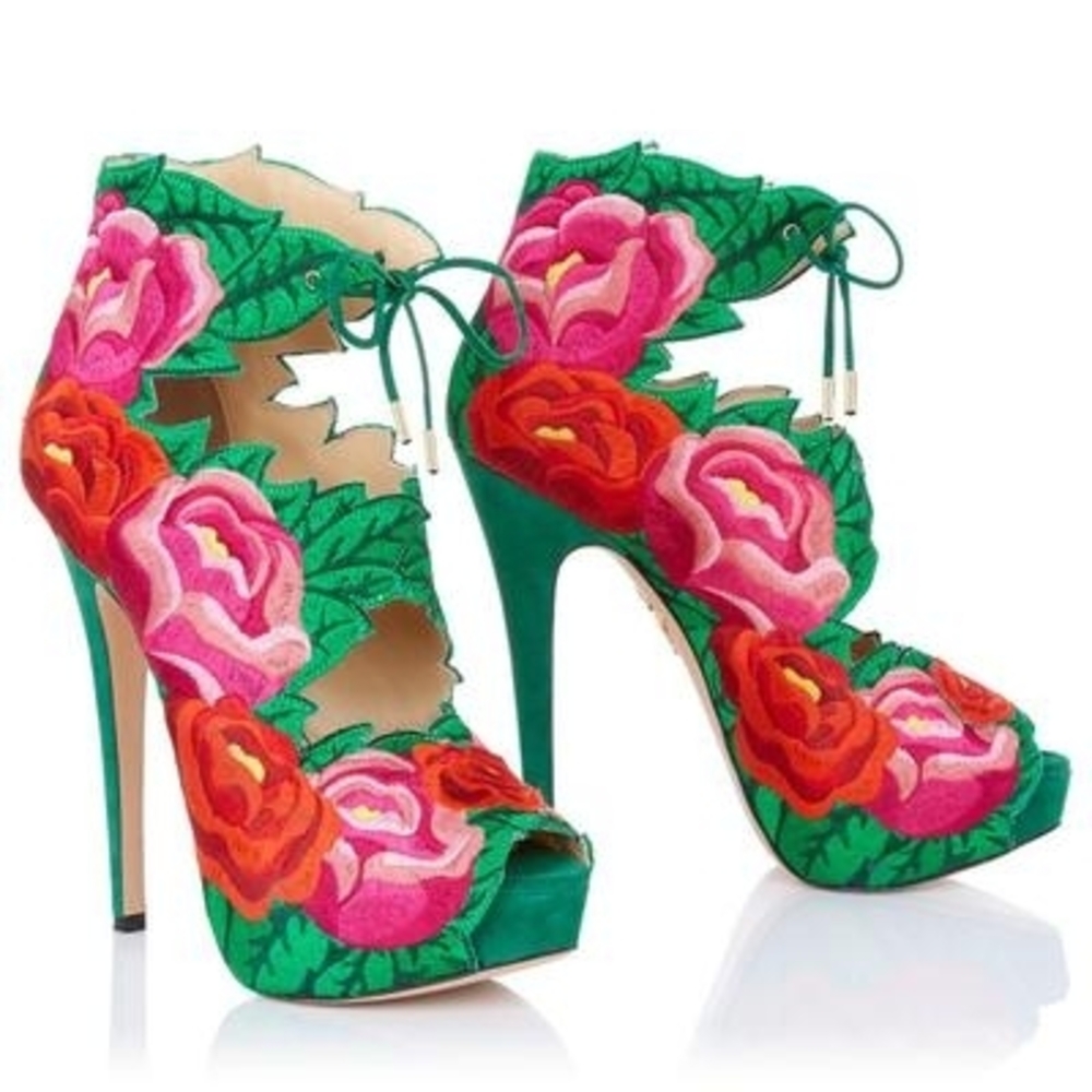 Vero Cuoio Womens Charlotte Olympia Hibiscus Floral Embroidery Heels US 7 Suede